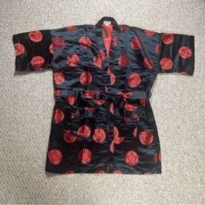 Double Peach Vintage Silk Kimono Size F2 Womens Red Black Pattern Tie